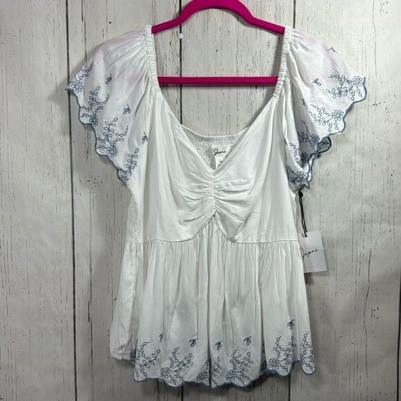 Japna Embroidered White Pleated Boho Short Sleeves Summer Beachy Blouse - Picture 1 of 12